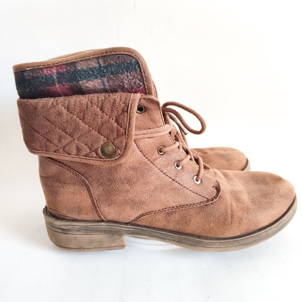 American Eagle Size 9 Combat Boots Plaid Lace Up Flats Camel Tan Faux Leather